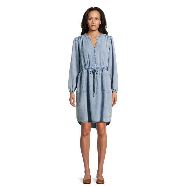 Time and Tru Women's Button Front Drawstring Waist Dress with Long Sleeves, Sizes XS-3XL - Walmar... | Walmart (US)