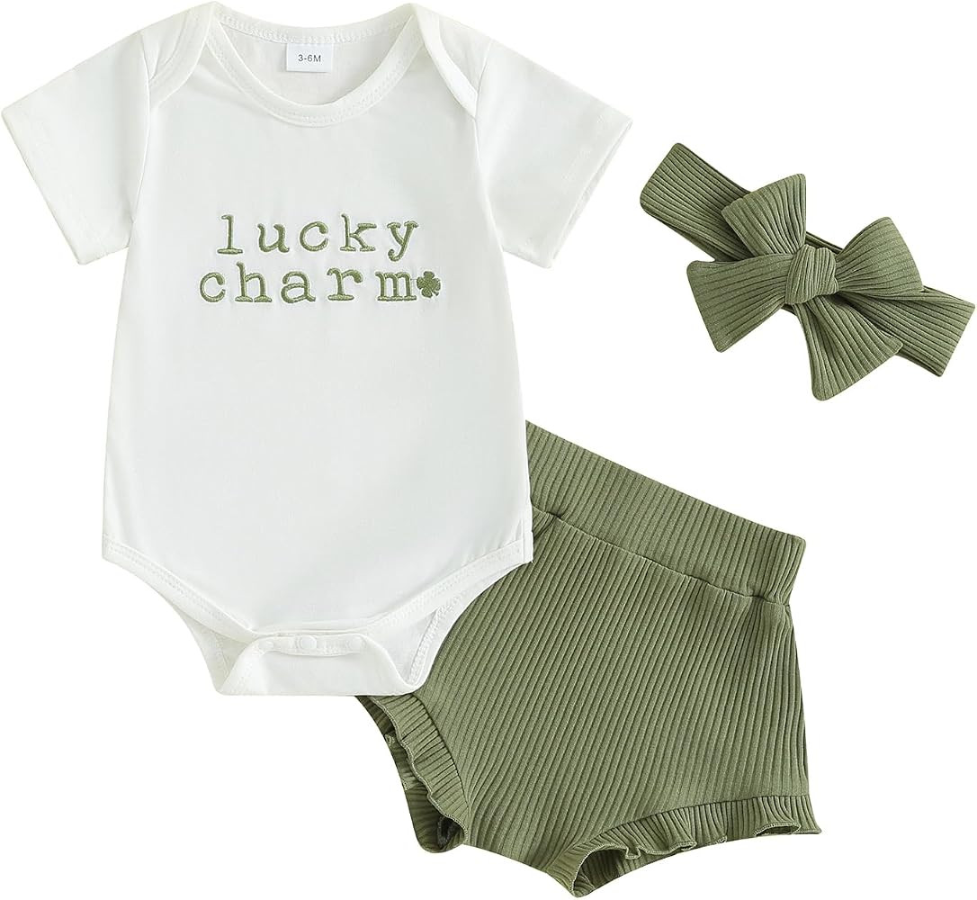 Bowanadacles Newborn Baby Girl St. Patrick's Day Clothes Outfit Four Leaf Clover Short Sleeve Rom... | Amazon (US)