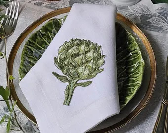 Embroidered Linen Napkins – Artichoke, Lemon, Pear, Grape, Watermelon & Cherry Designs | Etsy (Global)