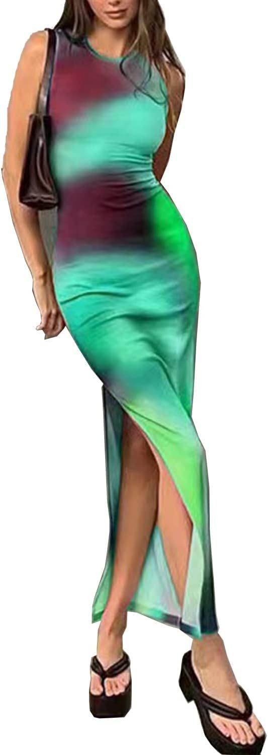 Women Y2k Tie Dye Tank Dress Sleeveless Bodycon Long Dresses Printed Slim Fit Short Dress Trendy | Amazon (US)