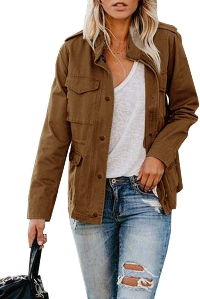 Womens Military Jacket Zip Up Snap Buttons Lightweight Utility Anorak Field Safari Coat Outwear | Amazon (US)