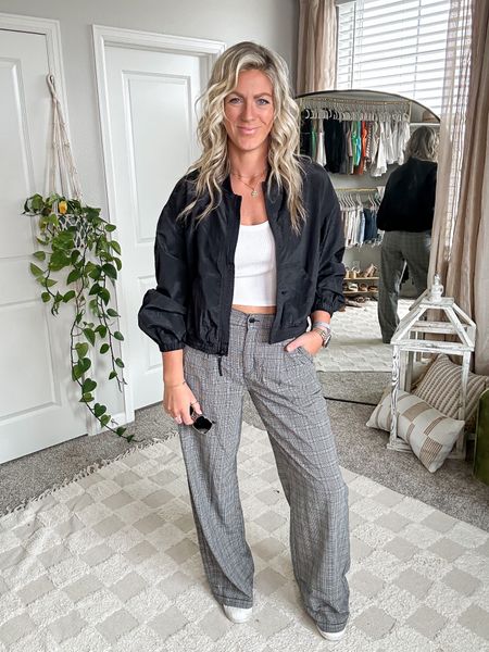 Plaid trousers - 10 long, also come in solid black
White tank - large, also comes in a longer length, extra 15% off
Bomber jacket - lightweight, wearing a large, available in lengths, extra 30% off
Sneakers- 11

#LTKsalealert #LTKmidsize #LTKstyletip