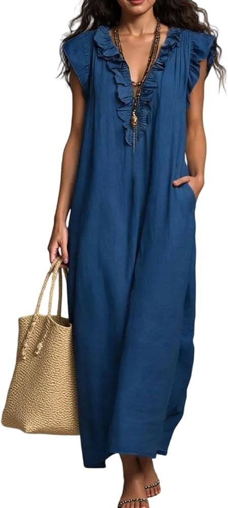 Women Maxi Dress V Neck Ruffle Sleeve Maxi Summer Dresses Cotton Loose Long Beach Flowy Sundress ... | Amazon (US)