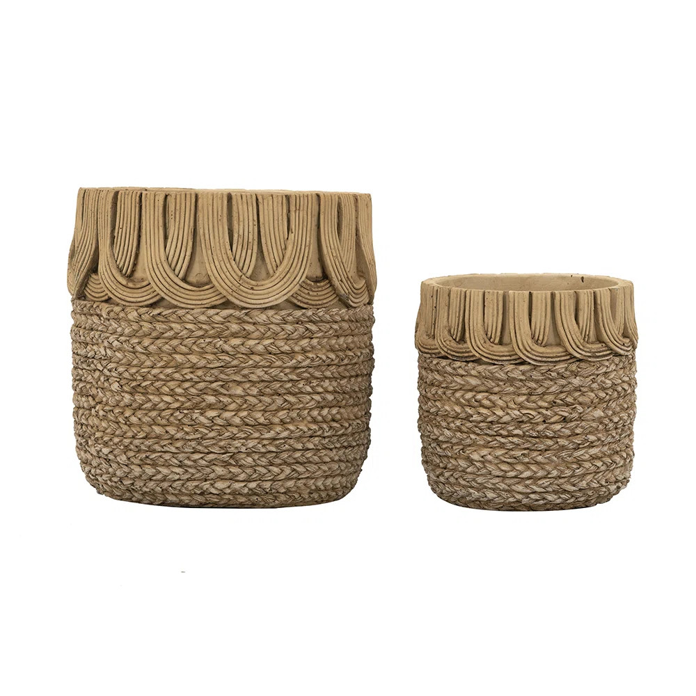 S/2 Brown Sand And Cement Planters With Woven Basket Design L:8X8X8" S:5.7X5.7X5.5" | Wayfair North America