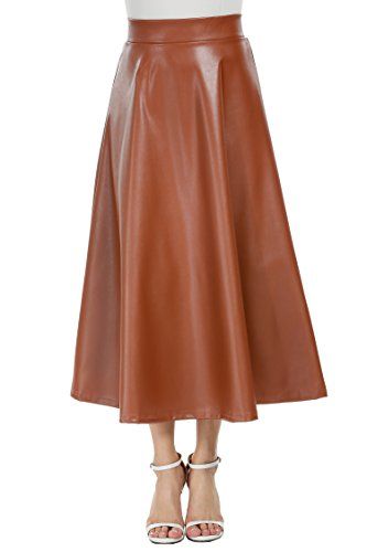 Zeagoo Women Winter Synthetic Leather A-Line High Waist Long Fit Flared Skirt Brown Medium | Amazon (US)