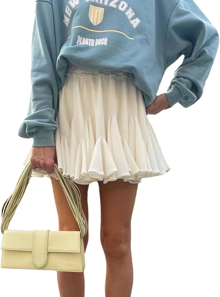 Lunoakvo Women Ruffle A-line High Waist Pleated Basic Short Mini Skirt Flared Skirts | Amazon (US)