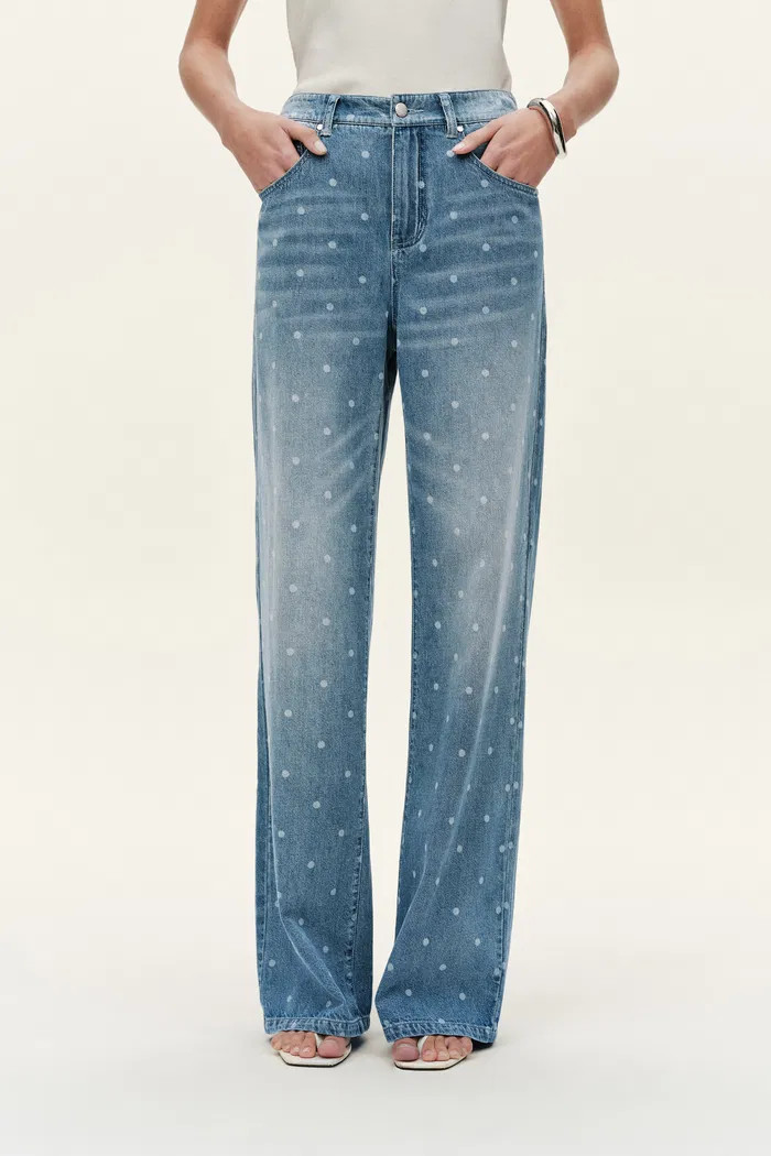 Elyra Polka Dot Straight Wide Leg Jeans in Lightweight Cotton Denim | Fabrique