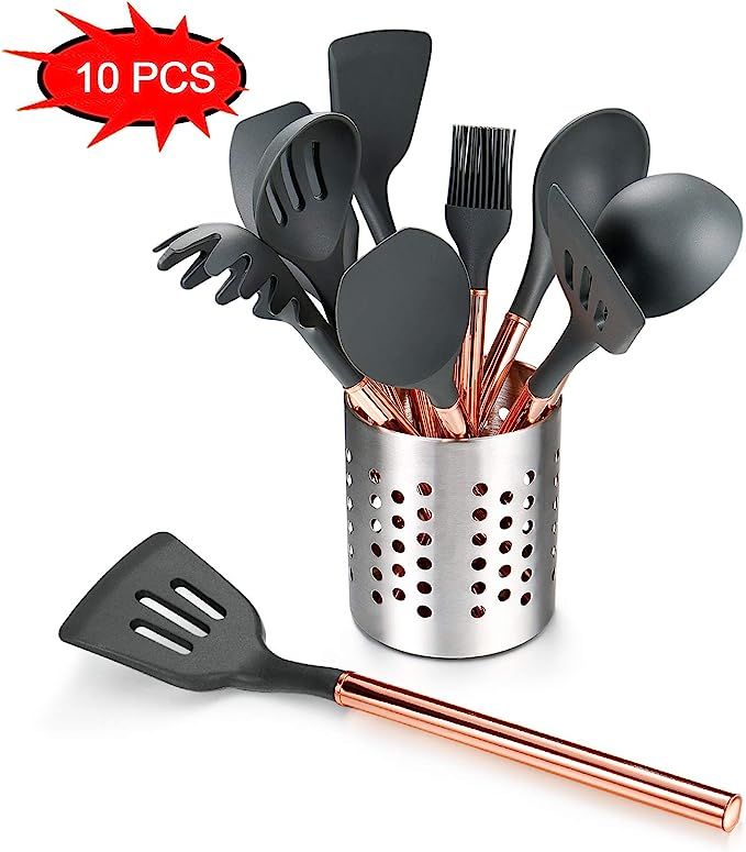 Silicone Cooking Utensils Set,Kitchen Utensil Set-10 PCS Rose Gold Stainless Steel Handle,Kitchen... | Amazon (US)