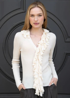 Maggie Ruffle Neck Cardigan - Cream | Benaar La