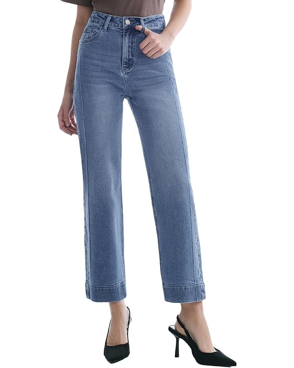 Women’s Straight Leg Jeans High Waisted Cropped Trendy Jeans Wide Leg Zipper Denim Pants | Amazon (US)