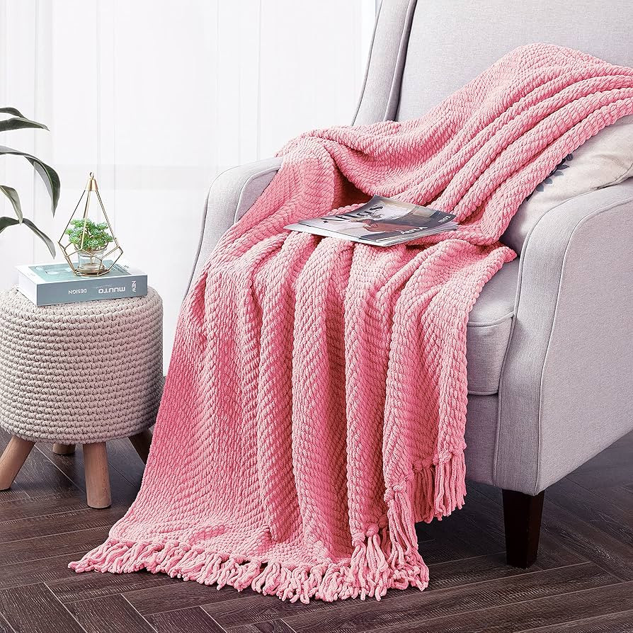 Throw Blanket for Couch Soft Knitted Textured Couch Cover Pink Tweed Blanket with Fringe Tassel f... | Amazon (US)