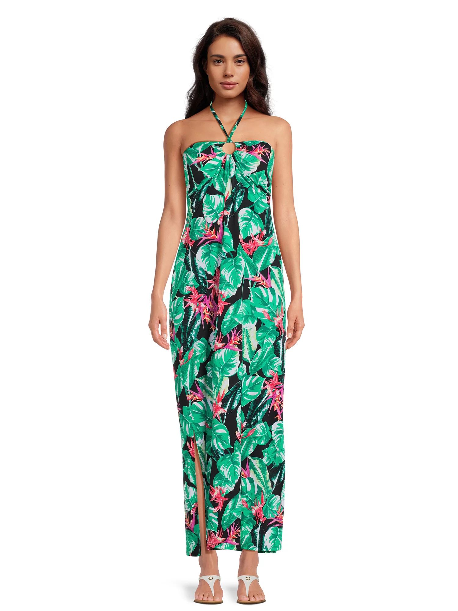 No Boundaries Juniors Tropical Floral Halter Maxi Dress | Walmart (US)