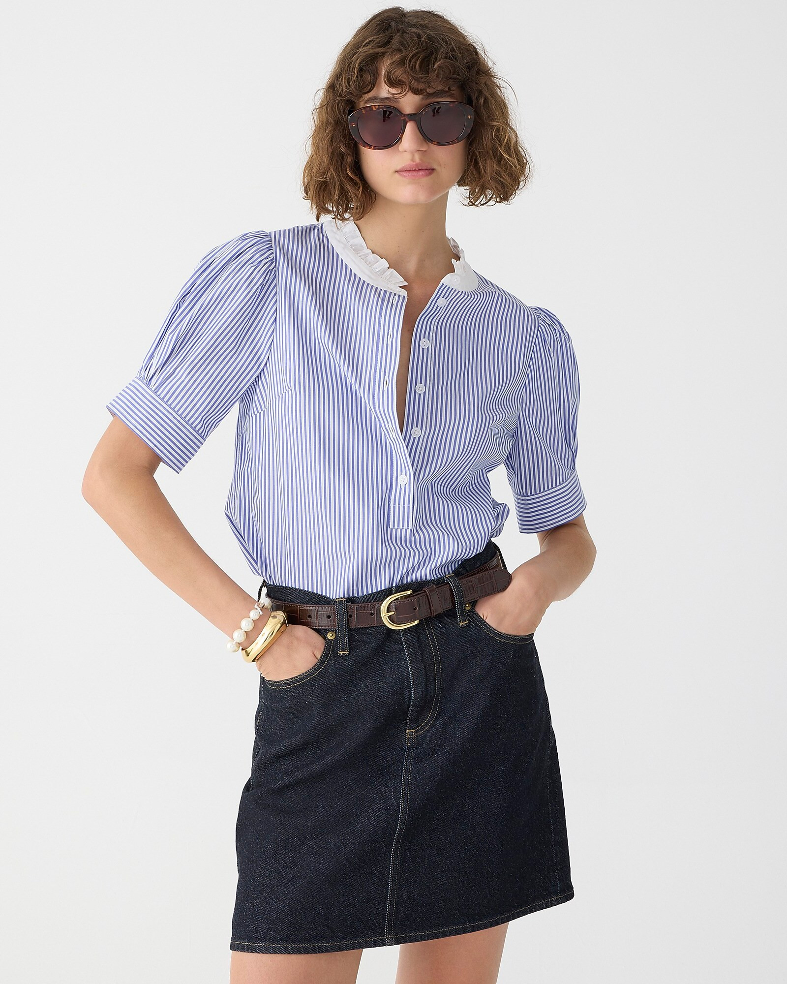 Puff-sleeve button-front shirt in stripe | J. Crew US