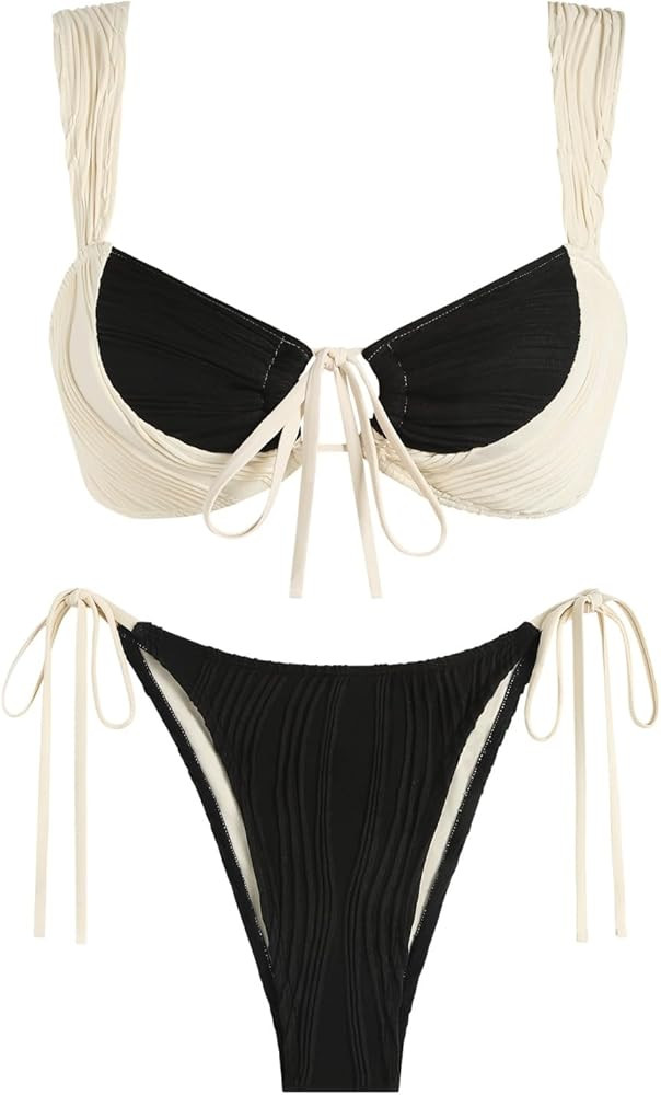 ZAFUL Women's Cinched Bikini Solid Color Wave Textured Knotted Tied Side Two Piece Swimsuit Bathi... | Amazon (US)