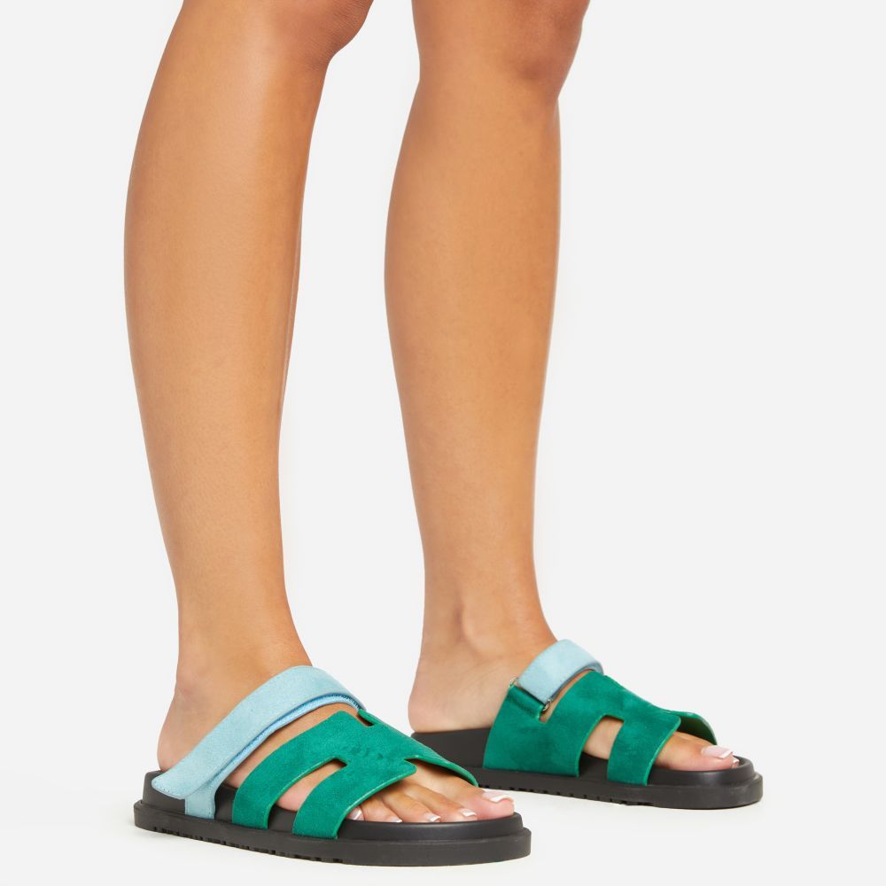 Valerie Gladiator Velcro Strap Flat Slider Sandal In Green And Blue Faux Suede | Ego Shoes (UK)