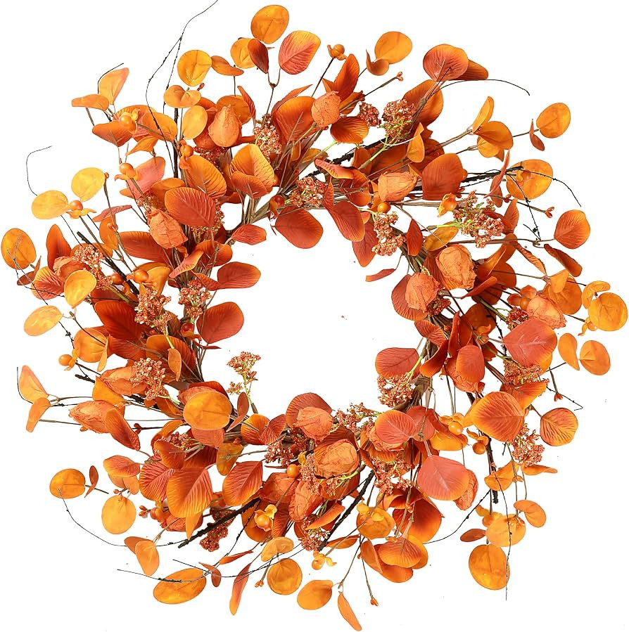 Sggvecsy Fall Wreath 20'' Autumn Harvest Wreath with Eucalyptus Berries, Silk Orange Leaves, Cape... | Amazon (US)