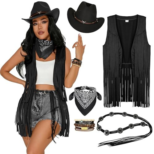 GERVAISE Womens Western Cowgirl Costume 70s Hippie Tassels Fringe Vest outfit Hat 5pcs (Black, XX-Large) | Amazon (US)