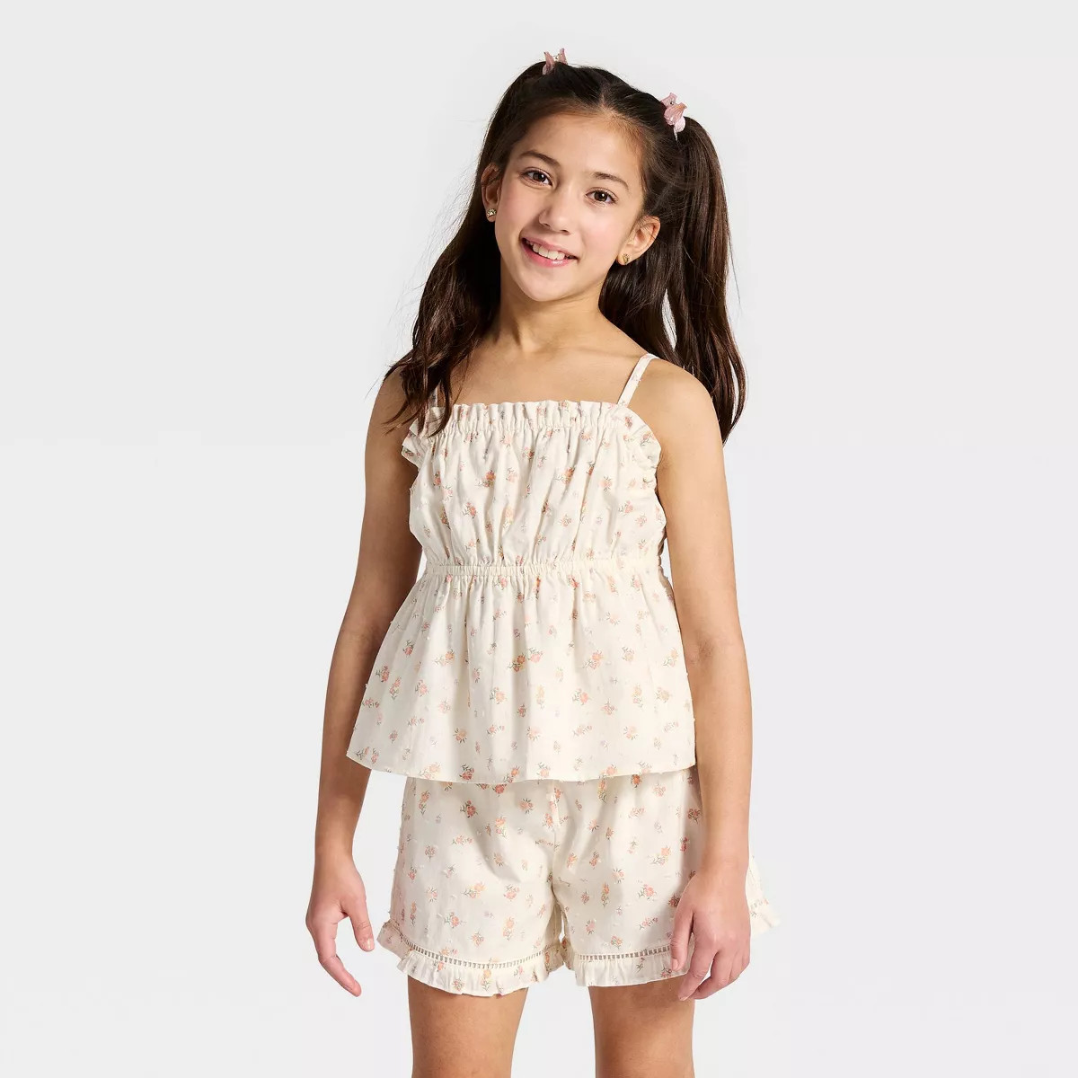 Girls' Swiss Dot Babydoll Floral Printed Tank Top - Cat & Jack™ Cream XS | Target