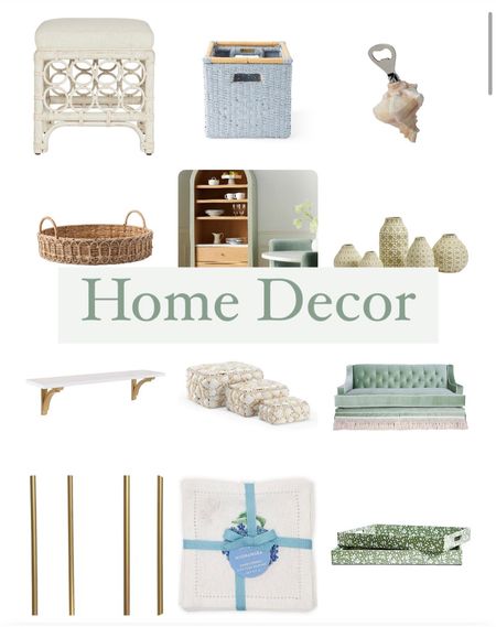 Home decor. Living room decor. Family room decor. Bedroom decor     Couch with fringe bottom. Green vases. Sea shell boxes. Straw round serving tray. White ottoman. White shelf with gold corbels. Hydrangeas embroidered linen cocktail napkins. Blue woven storage backseat bin. Side table
.
.
.
.
…. 

#LTKover40 #LTKhome #LTKfamily