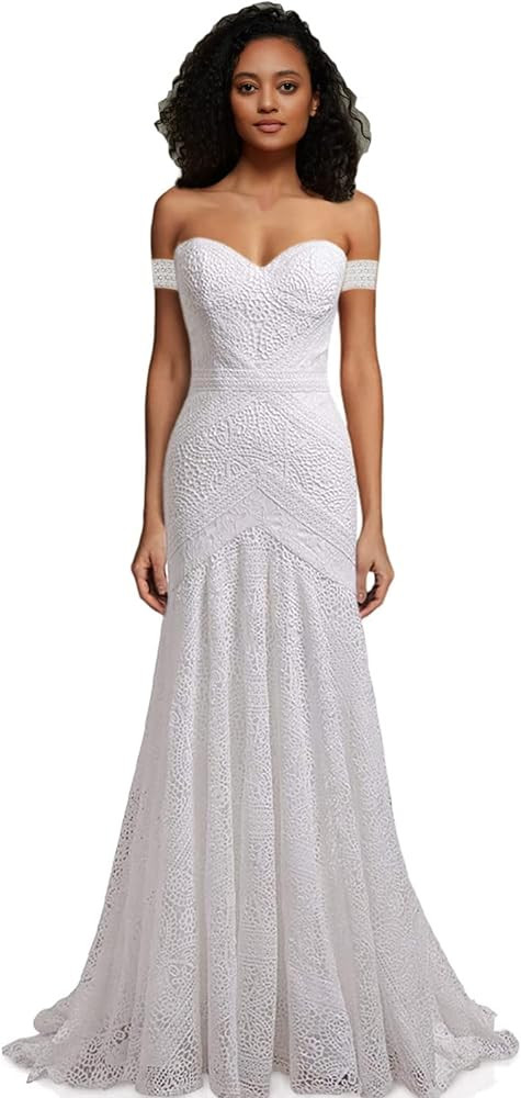 LIPOSA Women's Bohemian Wedding Dresses with Detachable Arm Bands Sweetheart Mermaid Lace Bridal ... | Amazon (US)