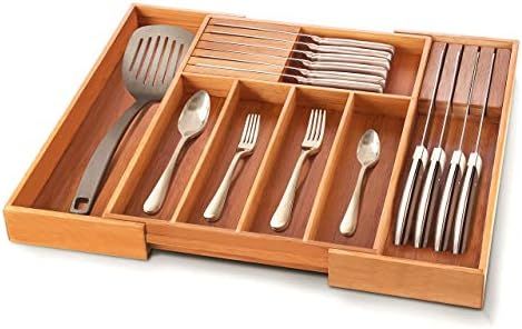 Bamboo Silverware Kitchen Drawer Organizer - Expandable Cutlery Tray with 2 Removable Knife Block... | Amazon (US)