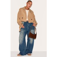 Plus Taupe Belted Cropped Trench Coat | PrettyLittleThing US