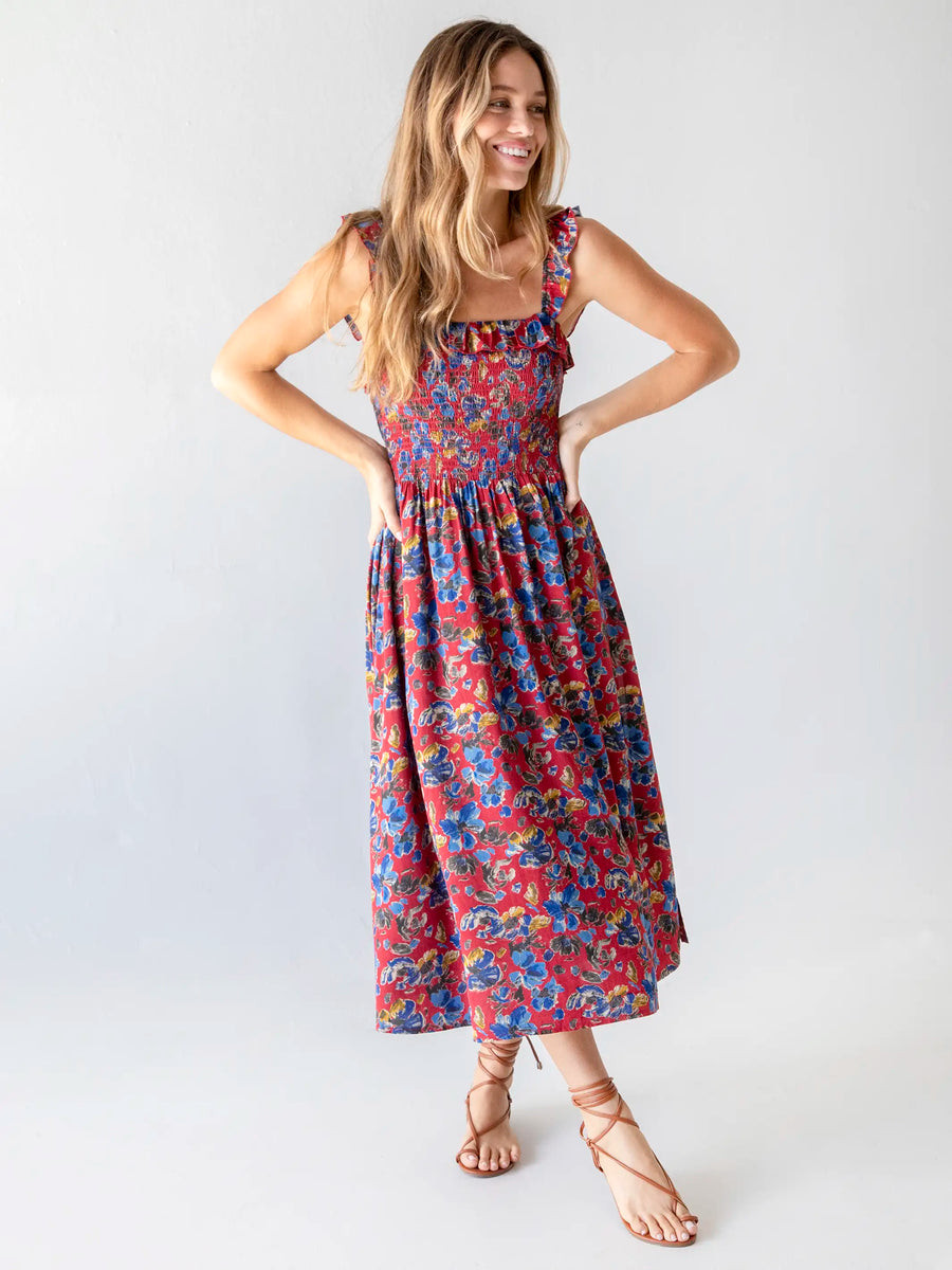 Megan Smocked Midi Dress - Red Blue Floral | Natural Life