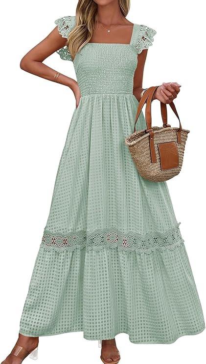 PRETTYGARDEN Women's Smocked Summer Maxi Dresses 2026 Ruffle Cap Sleeve Square Neck Lace Detail F... | Amazon (US)