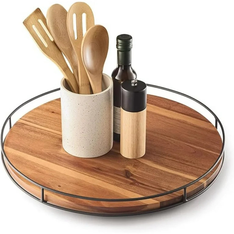 18" Acacia Wood Lazy Susan Turntable with Metal Frame - Large Brown Lazy Susans Organizer Counter... | Walmart (US)
