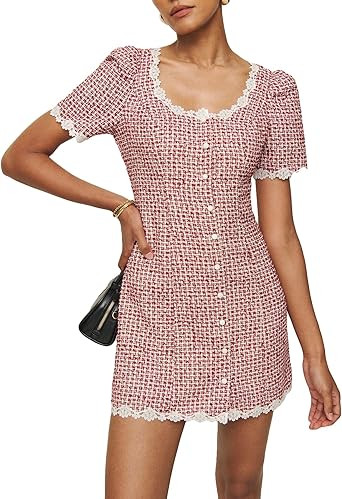 Women's Square Neck Tweed Mini Dress Short Sleeve Button Front Cocktail Party Dress | Amazon (US)