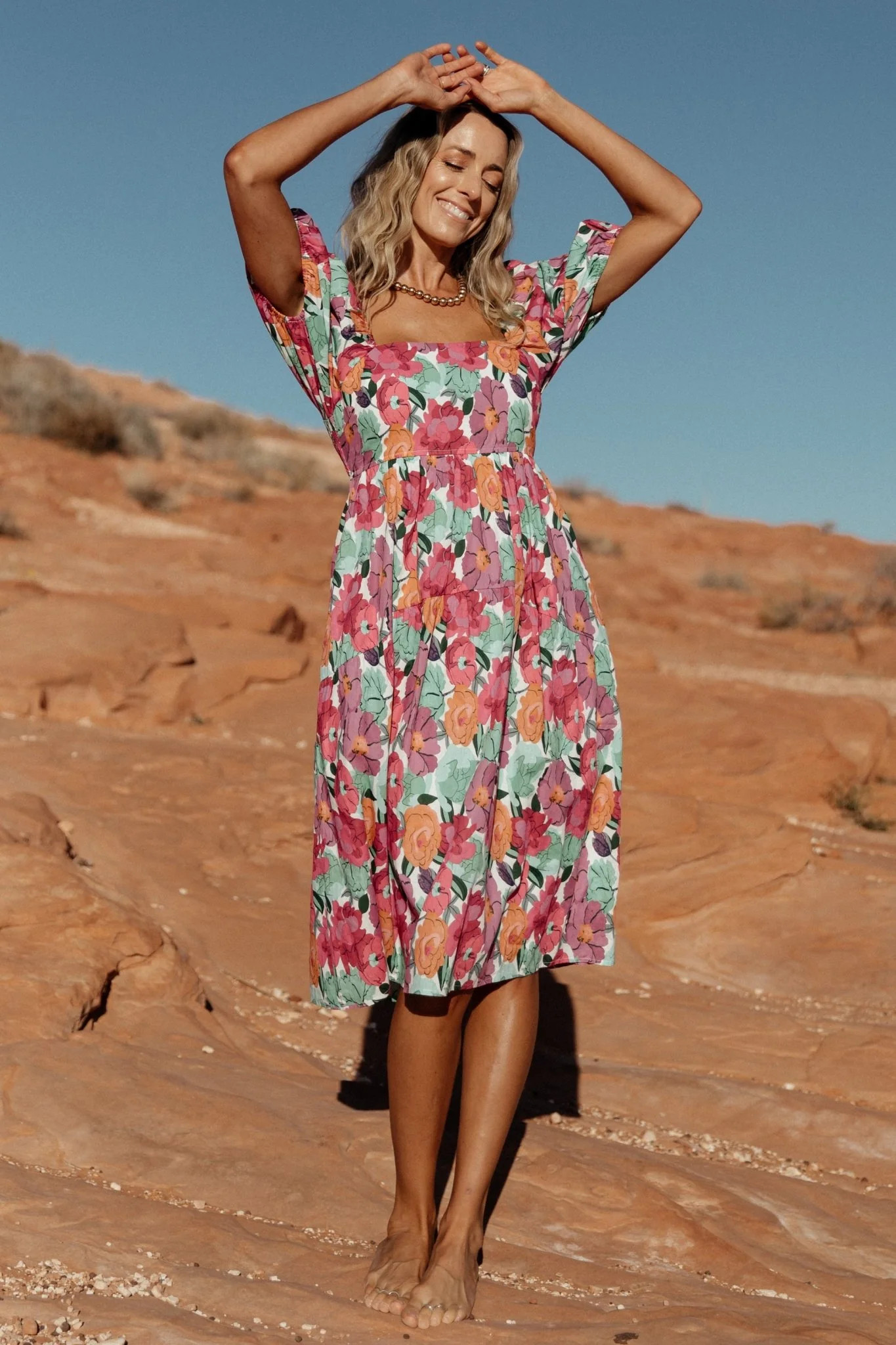 Aimee Puff Sleeve Midi Dress | Pink Multi | Baltic Born