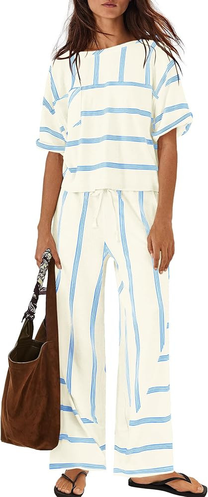 Nirovien Womens Striped Lounge Set 2 Piece Vacation Sets Short Sleeve Tops and Wide Leg Pants Tra... | Amazon (US)