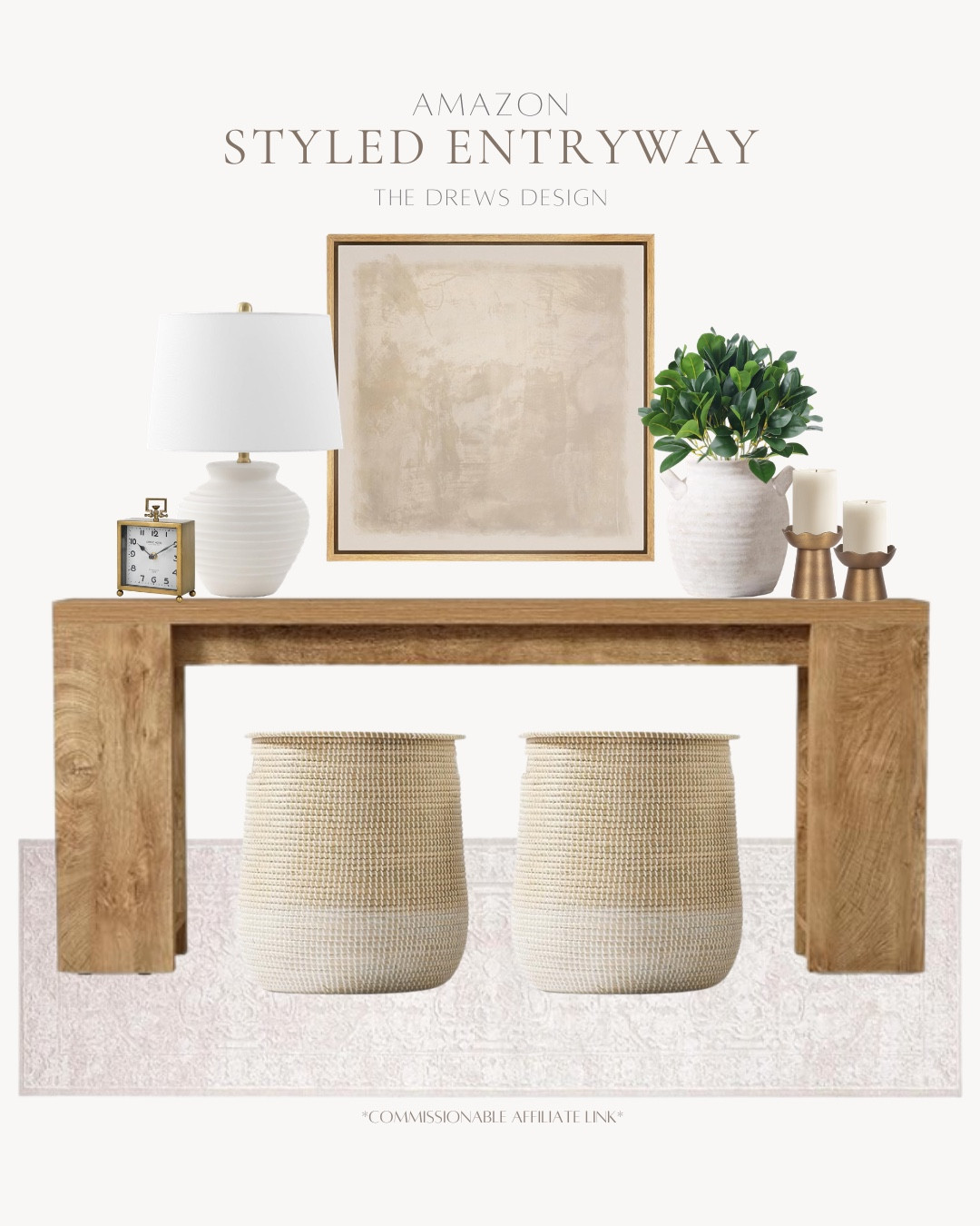 Styled entryway includes runner rug, console table, decorative baskets, vase, candle holders, greenery stems, wall art, table lamp, and table clock.

Home decor, looks for less, styled home 

#LTKSaleAlert #LTKSeasonal #LTKHome