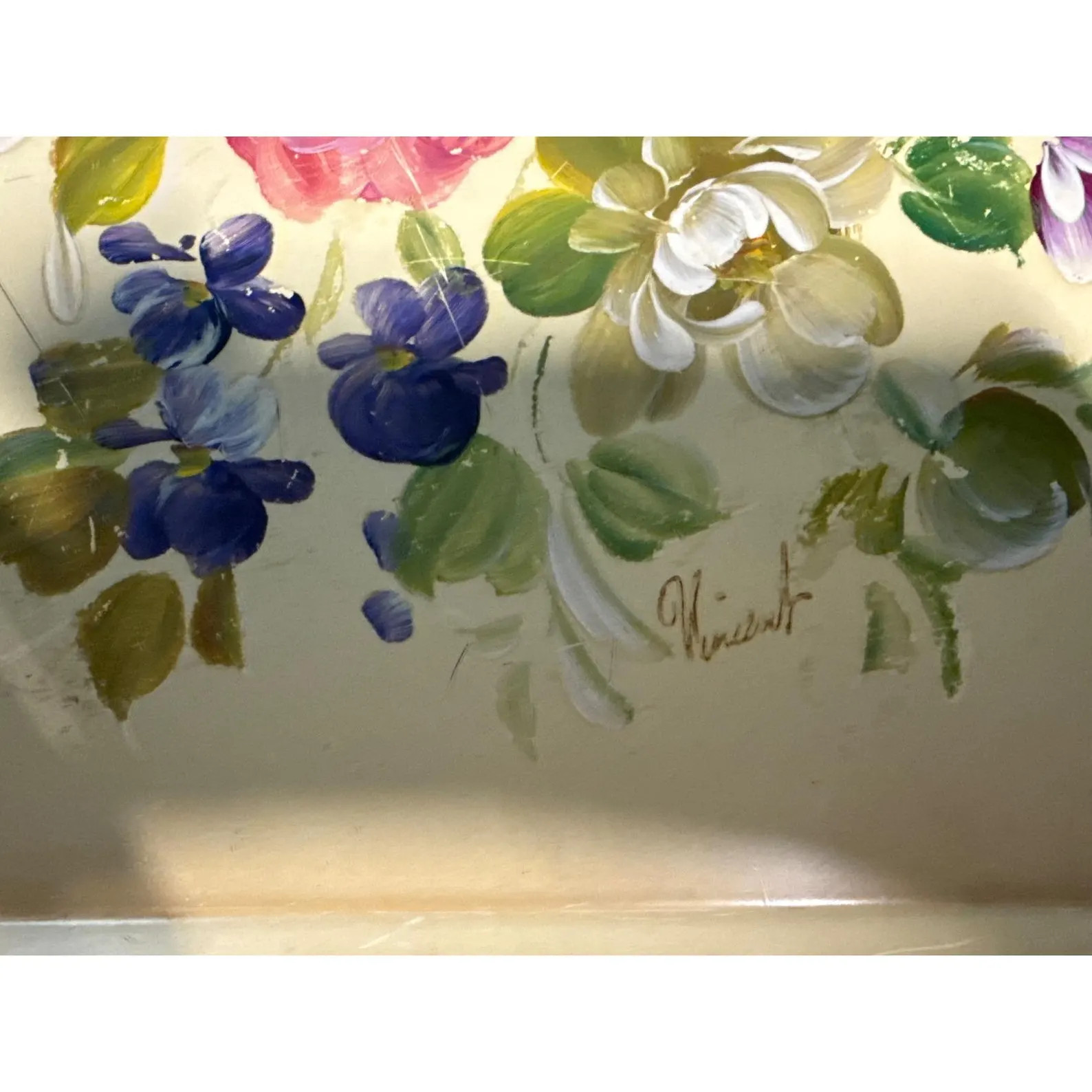 Vintage Hand Painted Floral Metal Tole Tray Signed Vincent Pierced Border | Etsy (Global)