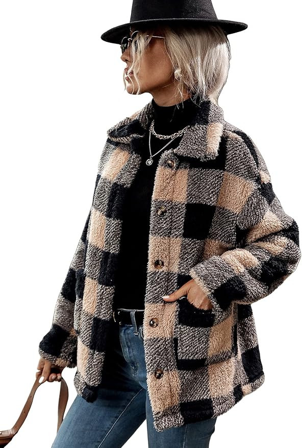 MakeMeChic Women's Fuzzy Fleece Jacket Casual Plaid Button Down Teddy Jacket Coat Outerwear | Amazon (US)