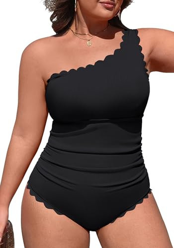 Charmo Womens Swimsuits Plus Size One Piece Modest One Shoulder Swim Suit Tummy Control Ruched Bathing Suits Black 4X | Amazon (US)