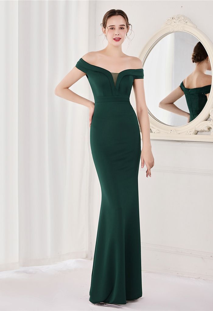 Off-Shoulder Mesh Inserted Satin Gown in Emerald | Chicwish