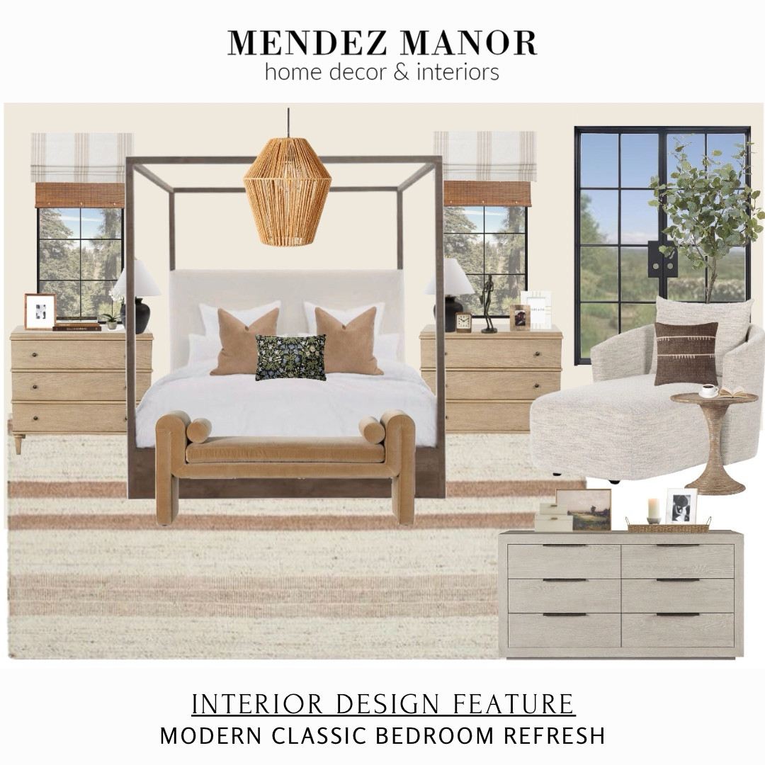 California casual master bedroom refresh with a four poster canopy bed, natural wood side chests, and striped wool area rug. 

We are including a sitting area with chaise lounge and double dresser on opposite wall. I also love the woven rattan pendant light. 

The perfect bedroom retreat! 🙌🏻 


🏡 Through my flat-rate virtual design packages, I create complete room plans - including layout, furniture selections, finishes and shoppable links - so you can confidently bring your space to life. Visit mendezmanor.com to reserve your package. 👍🏻






#LTKHome #LTKmomlife #LTKstorytime
