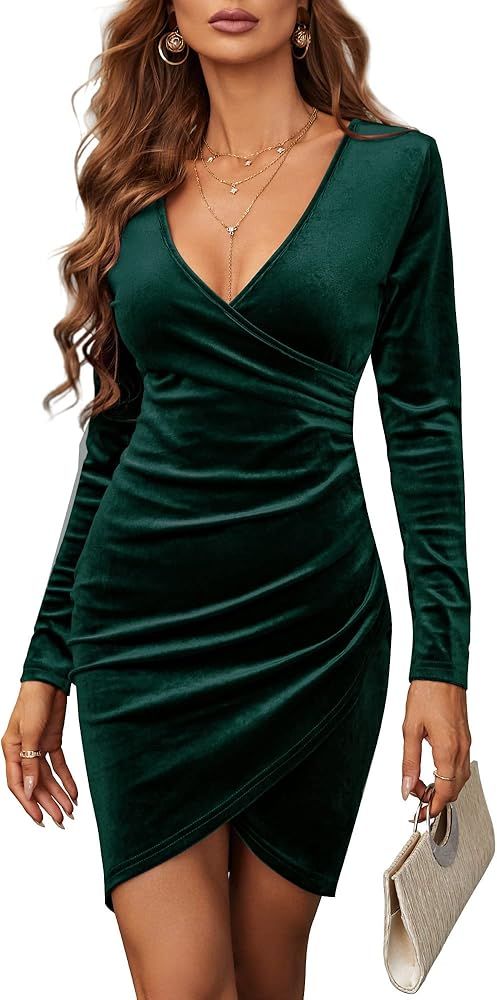 JECEIKA Velvet Dress for Women Wrap V Neck Long Sleeve Ruched Midi Dresses for Cocktail Evening Part | Amazon (US)