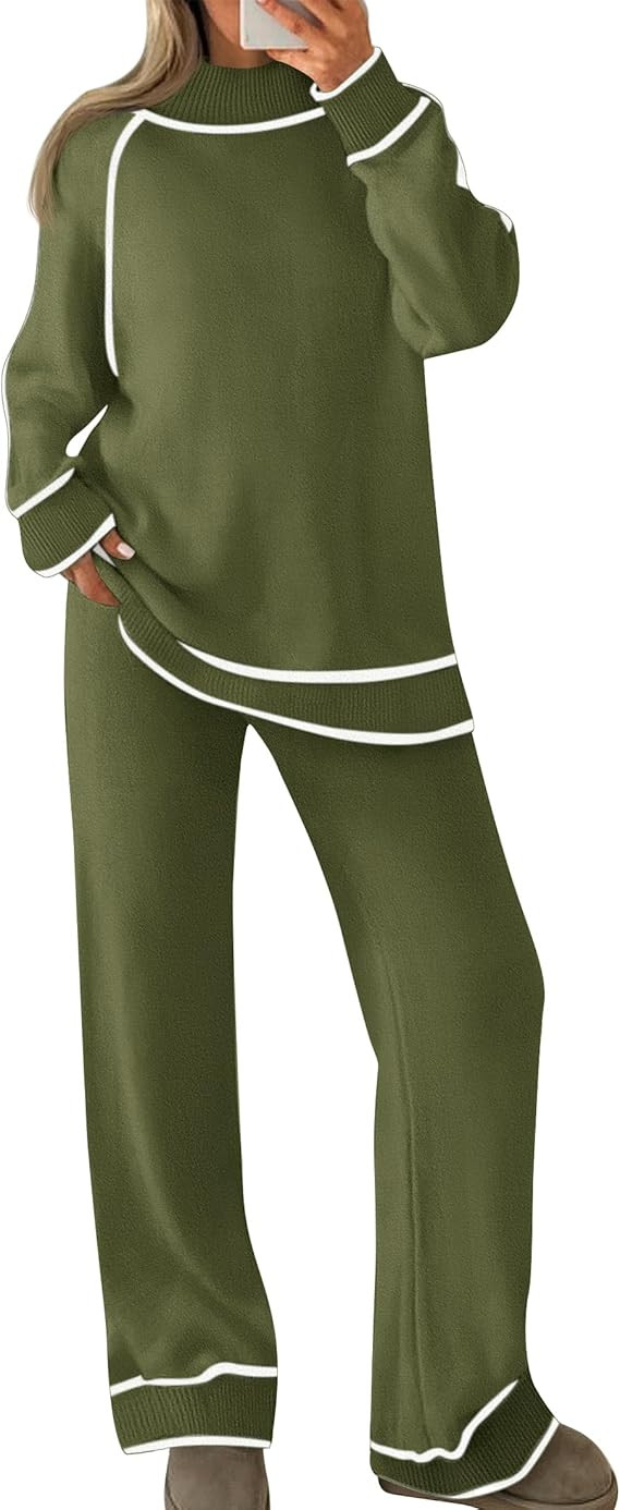 ZESICA Women's Two Piece Outfits Sweater Sets Long Sleeve Turtleneck Pullover Tops Wide Leg Pants... | Amazon (US)