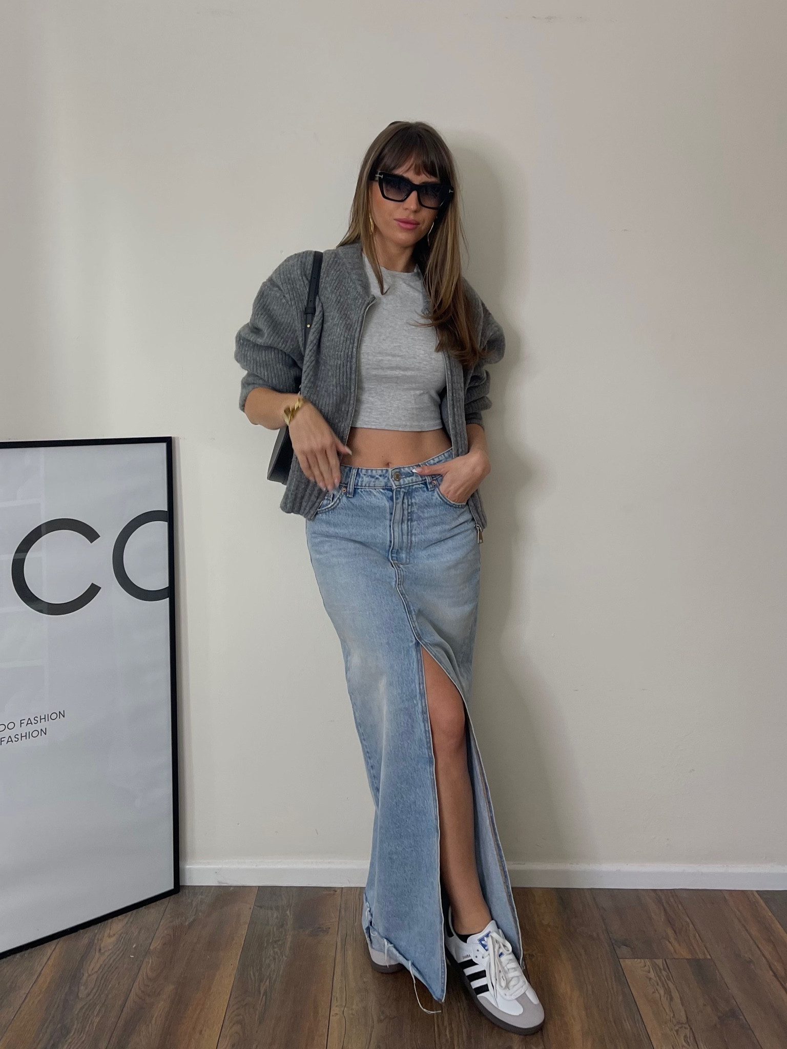 Autumnal fashion, autumn style, transitional outfit, denim maxi skirt, zip up cardigan, Adidas samba trainers, comfy outfit, Adanola T-shirt, Chanel sunglasses, autumn outfit, neutrals, grey outfit, denim skirt 

#LTKeurope #LTKstyletip #LTKSeasonal