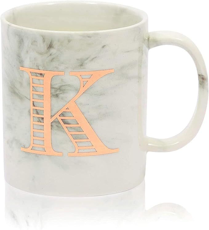 Rose Gold Letter K Monogram Mug, White Marble Ceramic Coffee Cup (11 oz) | Amazon (US)