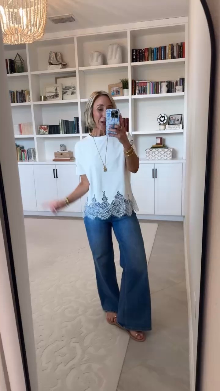 Amazon - warm fall tops. Lace Trim Crew Neck T-Shirt - size small. 6 colors. * Wide Leg Jeans - size 25.

#LTKSeasonal #LTKOver40 #LTKWorkwear