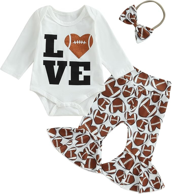 Omkzanbi Newborn Baby Girl Football Outfit Game Day Bodysuit Onesie Football Flared Pants Bell Bo... | Amazon (US)