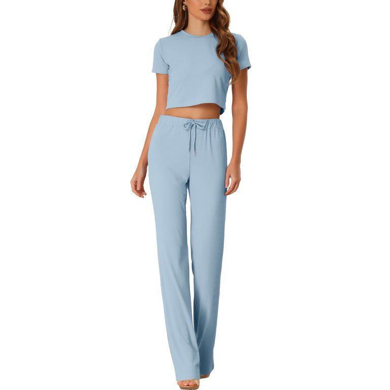 Allegra K Women's Two Piece Lounge Set Ribbed Crop Top Wide Leg Pant Casual Sweatsuit | Walmart (US)