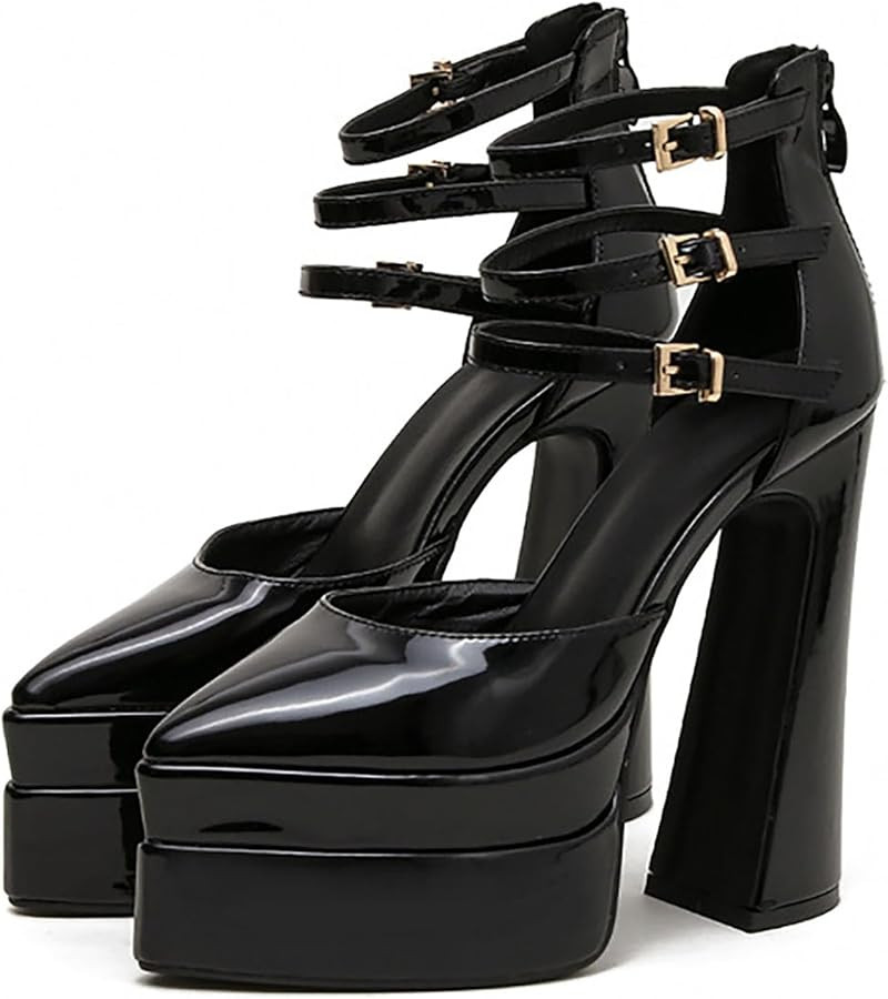 Women's Patent Leather Platform Sandals Chunky 3 Ankle Strap Block Pointed Closed Toe 15cm /6in H... | Amazon (US)