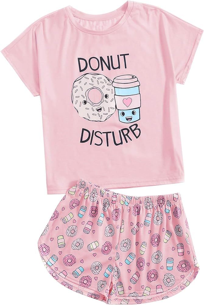 DIDK Women's Cartoon Print Tee and Curved Hem Shorts Pajama Set | Amazon (US)