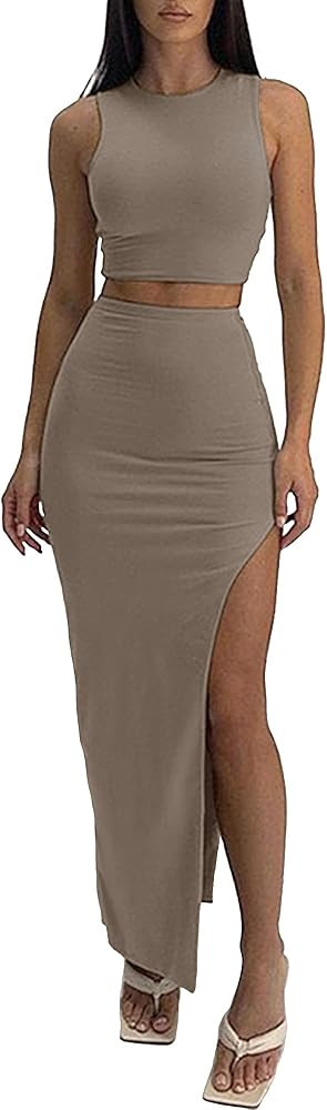 ELLEVEN Sexy 2 Piece Maxi Skirt Sets for Women - Knit Bodycon Crop Tank Top and High Slit Skirt D... | Amazon (US)