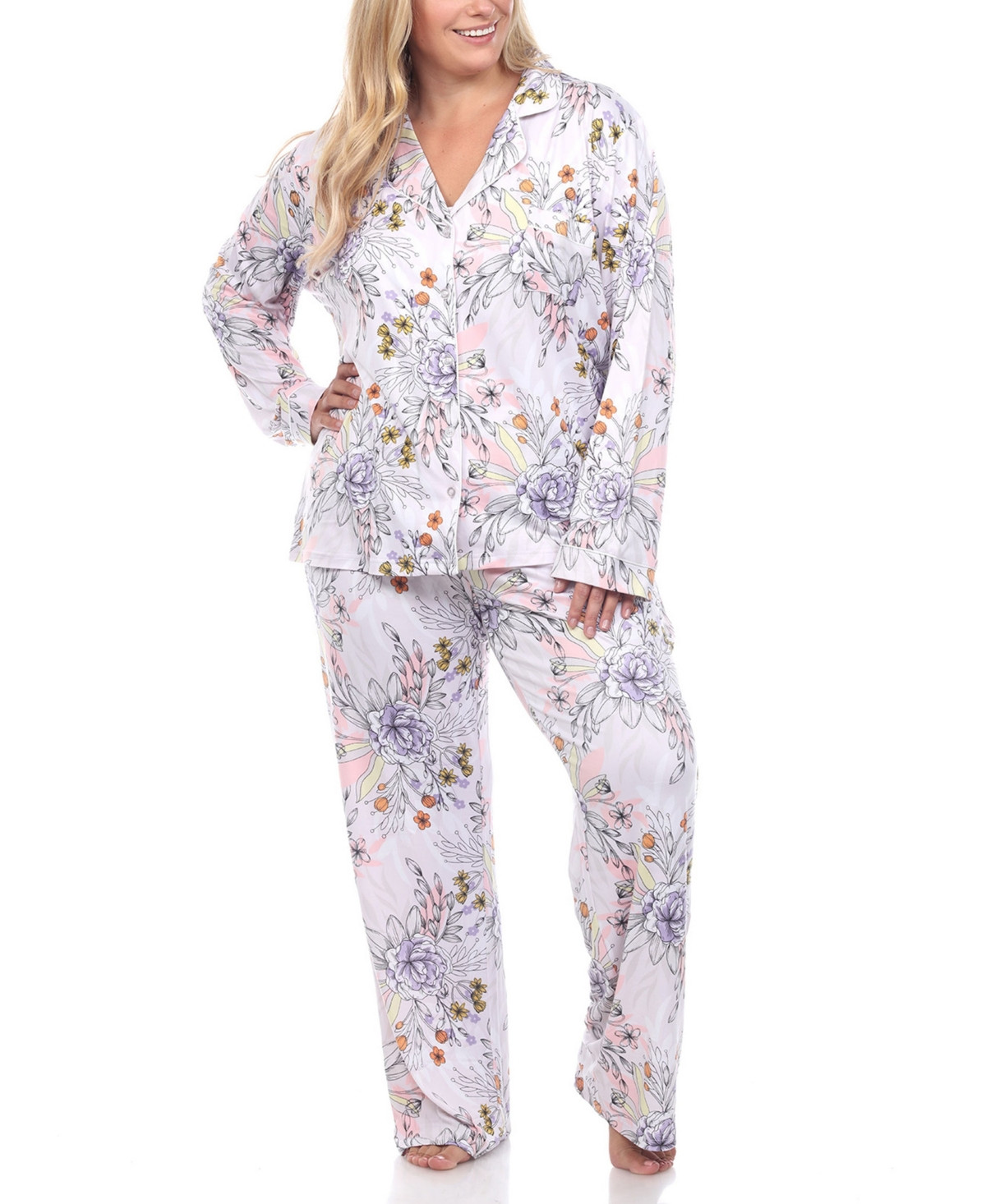 White Mark Plus Size Long Sleeve Floral Pajama Set, 2-Piece | Macys (US)