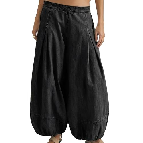Allison Jennie Women's Lightweight Denim Balloon Pants Wide Leg Barrel Jeans with Elastic Cuffs Casual Loose Baggy Trousers(23-Black-M) | Amazon (US)